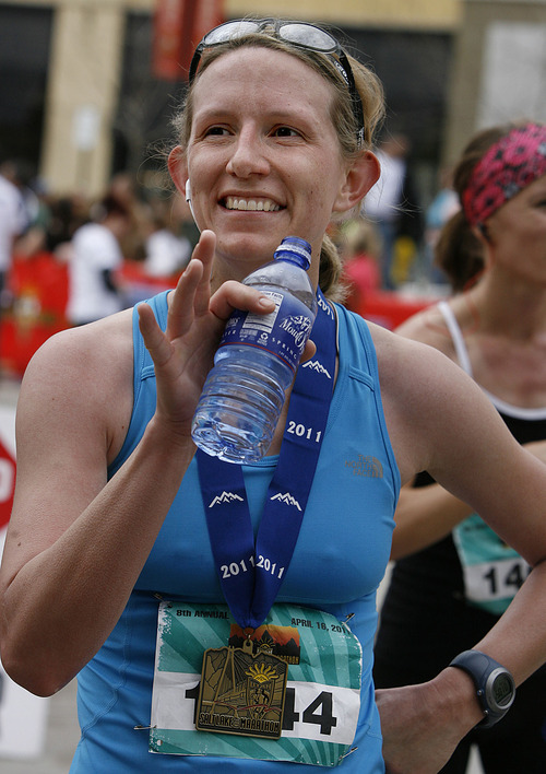 Scott Sommerdorf  |  The Salt Lake Tribune
Bonnie Bradley of Grand Junction, Colo. after she finished running The Salt Lake Marathon, Saturday, April 16, 2011.