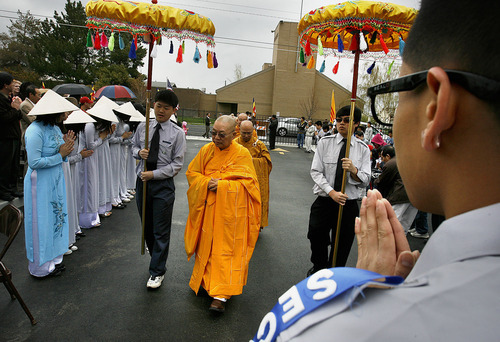 Scott Sommerdorf  |  The Salt Lake Tribune
Buddhist Monk, Thich Tri Lang, of the Unified Vietnamese Buddhist Congregation in the United States, arrives at the Lien Hoa Buddhist Temple. The temple opened Sunday after a decade of planning, in West Valley CIty Sunday, April 17, 2011.