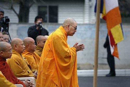 Scott Sommerdorf  |  The Salt Lake Tribune
Buddhist Monk, Thich Tri Lang, of the Unified Vietnamese Buddhist Congregation in the United States, bows as he is introduced at the opening of the Lien Hoa Buddhist Temple Sunday, April 17, 2011.