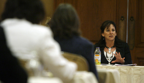 Francisco Kjolseth  |  The Salt Lake Tribune
Monica Whalen, president and CEO of The Employer's Council, speaks at the Equal Employment Opportunity Commission conference at the Little America Hotel on Monday, April 18, 2011, to discuss why woman workers are paid lower wages than men.