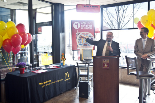 Chris Detrick | The Salt Lake Tribune 
Taylorsville Mayor Russ Wall speaks at a McDonald's at 5571 S. Redwood Road on Tuesday, April 19, 2011.  Several McDonald's restaurants in Utah are participating in a National Hiring Day that the fast-food chain is conducting around the country. Utah outlets are looking to hire about 600 people.