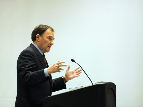 SARAH A. MILLER  |  The Salt Lake Tribune
Utah Gov. Gary Herbert highlights a few of the goals of the state's 10-year Strategic Energy Plan while speaking Tuesday at the Utah Renewable Energy Conference. 