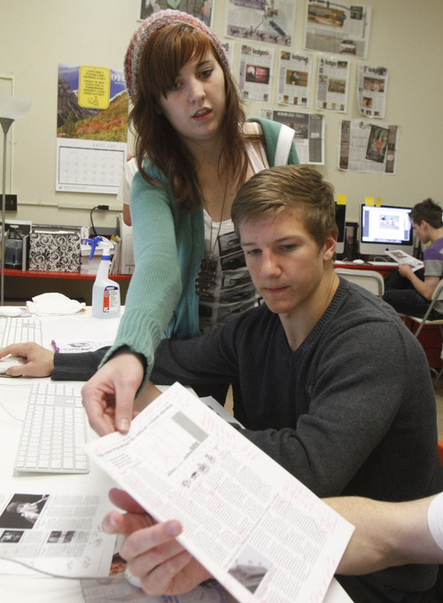 Rick Egan   |  The Salt Lake Tribune

Bonnie Barrett and Dylan Wilson, chief editors of the student newspaper at Taylorsville High, work on the next issue of  student newspaper,  Monday, March 28, 2011. The Utah Press Association named Taylorsville High's newspaper, the Warrior Ledger, the best high school paper in the state.