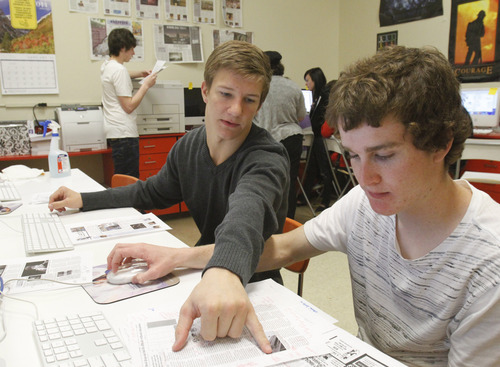 Rick Egan   |  The Salt Lake Tribune

 Editor in Chief Dylan Wilson  and Stuart Nelson work on the student newspaper at  Taylorsville High, Monday, March 28, 2011. The Utah Press Association named Taylorsville High's newspaper, the Warrior Ledger, the best high school paper in the state.