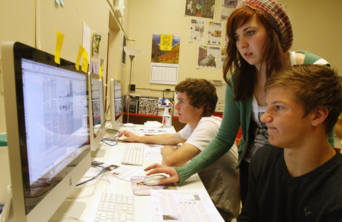 Rick Egan   |  The Salt Lake Tribune

Student editors Bonnie Barrett and Dylan Wilson work on the Taylorsville High newspaper on Monday, March 28, 2011. The Utah Press Association named Taylorsville High's newspaper, the Warrior Ledger, the best high school paper in the state.