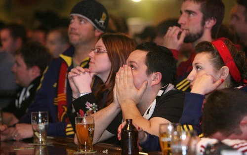 Steve Griffin  |  The Salt Lake Tribune

 A shocked Anders Swenson, of Payson, holds his face in his hands after Monterrey scored a quick goal on Real Salt Lake during the first leg of the CONCACAF Champions League game in Mexico Wednesday, April 20, 2011. Fans packed into The Republican bar  in Salt Lake City to watch the game.