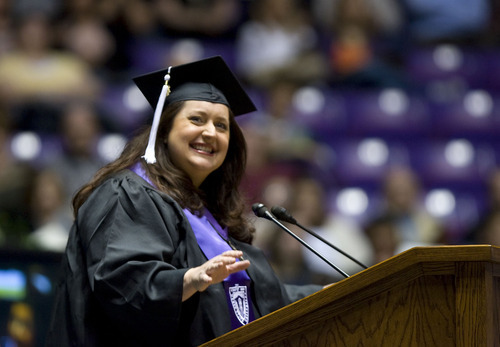 Al Hartmann  |  The Salt Lake Tribune 
English major graduate and mother of two, Amy Mayo Townsley,  speaks to fellow graduates at Weber State University commencement  on Friday, April 22.