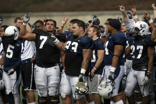 Francisco Kjolseth  |  The Salt Lake Tribune
Utah State football players sing the school song following  their Spring football game on Saturday, April 23, 2011, at Romney Stadium in Logan in front of the Aggie fans.