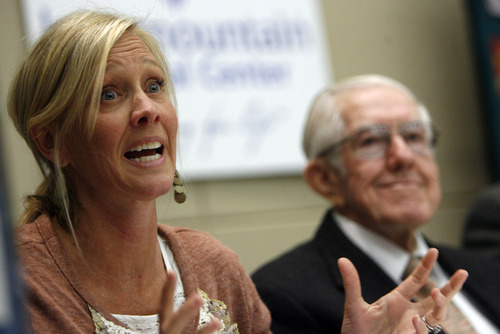 Francisco Kjolseth  |  The Salt Lake Tribune
Kristin Walker, a liver recipient in 2002, expresses her excitement at a second chance alongside fellow recipient Lyle Thacker during a gathering at Intermountain Medical Center in Murray on Monday, April 25, 2011. At least 200 transplant recipients, family members, donor families, living donors and clinical staff from the Liver Transplant Program gathered for an anniversary luncheon and reunion to celebrate this historic milestone that began in 1986.