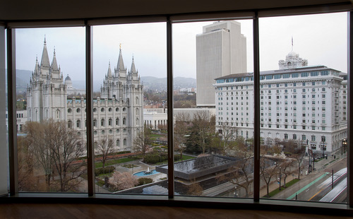 Michael Mangum  |  The Salt Lake Tribune

The Salt Lake LDS temple is shown through the window of a ninth floor condo at the City Creek Condos in downtown Salt Lake City on Monday, April 18, 2011.