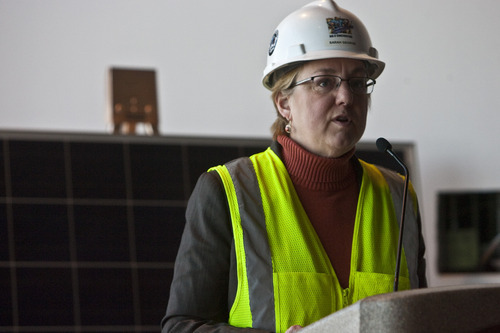 Chris Detrick | The Salt Lake Tribune 
Museum Executive Director Sarah George speaks at the Utah Museum of Natural History's new home, the Rio Tinto Center, on Wednesday.