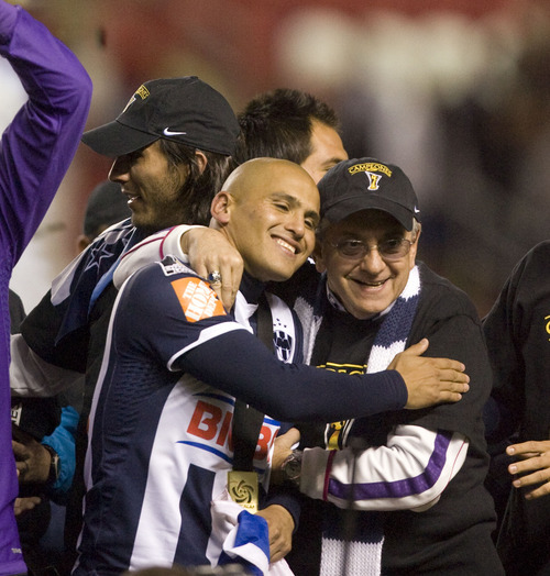 Steve Griffin  |  The Salt Lake Tribune

Jorge Urdiales, president of the Monterrey soccer team, right, hugs Monterrey player Humberto Suazo as the team celebrates after defeating Real Salt Lake for the championship  at Rio Tinto Stadium in Sandy, Utah Wednesday, April 27, 2011.