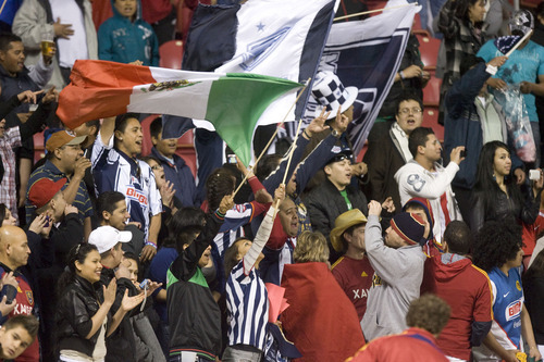 Steve Griffin  |  The Salt Lake Tribune

Monterrey fans celebrate in the stands after Monterrey defeating Real Salt Lake for the championship  at Rio Tinto Stadium in Sandy, Utah Wednesday, April 27, 2011.