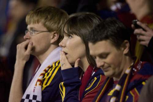 Steve Griffin  |  The Salt Lake Tribune

RSL fans watch as their team loses the CONCACAF finals at RioTinto Stadium Wednesday, April 27, 2011