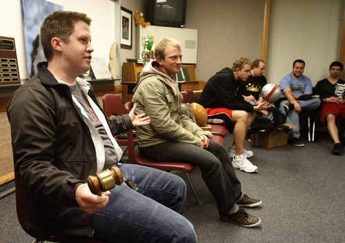 Rick Egan   |  The Salt Lake Tribune

John Evans holds the gavel as he speaks during a meeting of the Phi chapter of the LDS fraternity, Sigma Gamma Chi, at the LDS Institute of Religion at the University of Utah Wednesday, April 13, 2011.