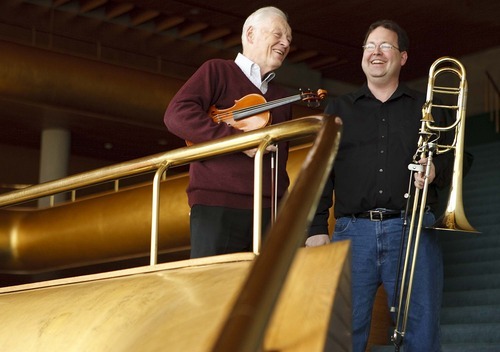 Trent Nelson  |  The Salt Lake Tribune
Utah Symphony violinist Jack Ashton, left, and bass trombonist Russell McKinney, two members of the Utah Symphony who spread their influence far and wide in the Utah musical community. Photographed at Abravanel Hall in Salt Lake City, Utah, Tuesday, April 26, 2011.
