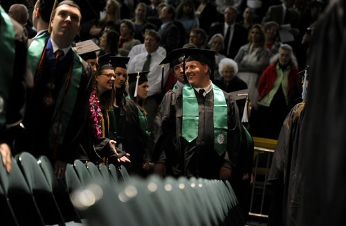 Sarah A. Miller  |  The Salt Lake Tribune

Students proceed to their seats for the Utah Valley University commencement ceremony Friday, April 29, 2011.
