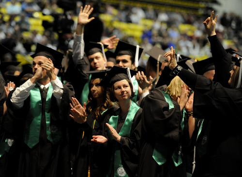 Sarah A. Miller  |  The Salt Lake Tribune
UVU awarded a record number of degrees during campus ceremonies Friday where Robert C. Gay, co-founder and CEO of Huntsman Gay Global Capital and a microfinance philanthropist, was the keynote speaker.