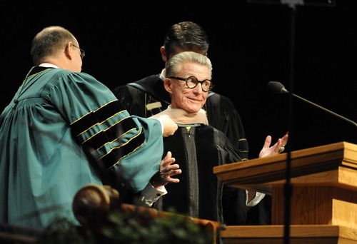 Sarah A. Miller  |  The Salt Lake Tribune

Hal Wing receives an honorary degree from UVU trustee Doyle Mortimer at the Utah Valley University commencement ceremony Friday, April 29, 2011.