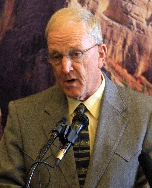 Rick Egan   |  The Salt Lake Tribune

Alan Gardner, a Washington county commissioner, talks about wilderness at a press conference at the Utah State Capitol, Friday, April 29, 2011. Gov. Herbert and Deputy A.G. John Swallow announced legal action by Utah over federal Secretarial Order 3310 regarding wild lands designation.
