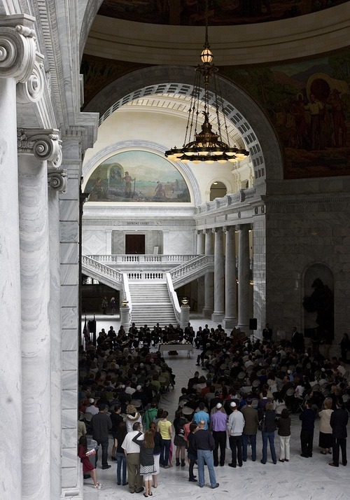 Djamila Grossman  |  The Salt Lake Tribune

People listen to a speaker at a Holocaust Memorial Commemoration at the Capitol Rotunda in Salt Lake City, Utah, on Sunday, May 1, 2011.
