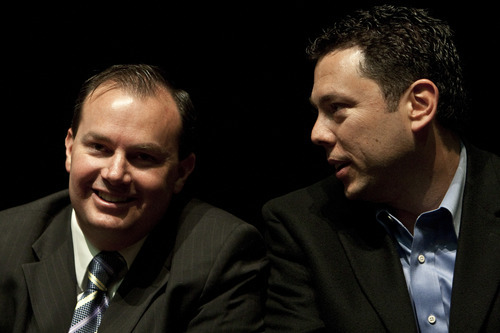 Photo by Chris Detrick | The Salt Lake Tribune 
U.S. Senator Mike Lee talks with U.S. Representative Jason Chaffetz during the annual Utah County Republican Party convention at Maple Mountain High School  Saturday April 30, 2011.  A resolution seeking to repeal a guest worker immigration bill signed by the governor earlier this year passed narrowly at the Utah County Republican Organizing Convention.
