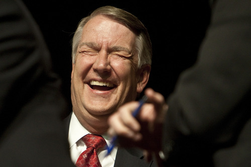 Photo by Chris Detrick | The Salt Lake Tribune 
Utah Senator John Valentine laughs during the annual Utah County Republican Party convention at Maple Mountain High School  Saturday April 30, 2011.  A resolution seeking to repeal a guest worker immigration bill signed by the governor earlier this year passed narrowly at the Utah County Republican Organizing Convention.