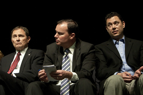 Photo by Chris Detrick | The Salt Lake Tribune 
Utah Governor Gary R. Herbert, U.S. Senator Mike Lee and U.S. Representative Jason Chaffetz during the annual Utah County Republican Party convention at Maple Mountain High School  Saturday April 30, 2011.  A resolution seeking to repeal a guest worker immigration bill signed by the governor earlier this year passed narrowly at the Utah County Republican Organizing Convention.