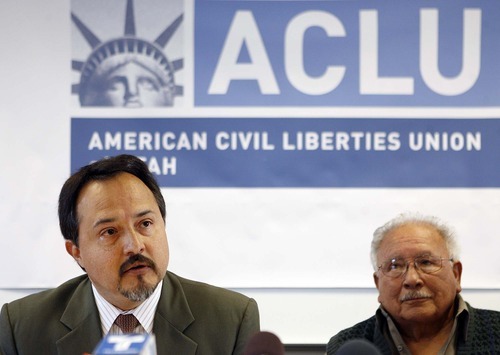 TRENT NELSON  |  The Salt Lake Tribune
Octavio Villalpando, left, and Archie Archuletta answer questions at a news conference at ACLU of Utah headquarters. The American Civil Liberties Union and the National Immigration Law Center were joined by Archuletta, a member of the Utah Coalition of La Raza, in filing a suit in federal court against Gov. Gary Herbert and Utah Attorney General Mark Shurtleff over Utah's enforcement-only immigration law Tuesday -- just days before it is scheduled to go into effect.