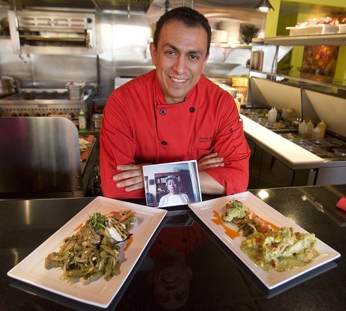 Paul Fraughton  |  The Salt Lake Tribune
Raul Mendez, the chef at Frida Bistro, with a photo of his mother and her recipes for steak, left, and chicken poblano in cream sauce.