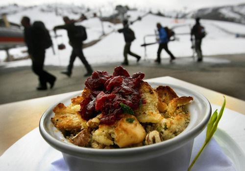 Scott Sommerdorf  |  The Salt Lake Tribune
The Farm is on the Ski Beach, across from the base of Red Pine Gondola in the Canyons resort in Park City. Pictured, Farmer Neil's smoked turkey casserole.
