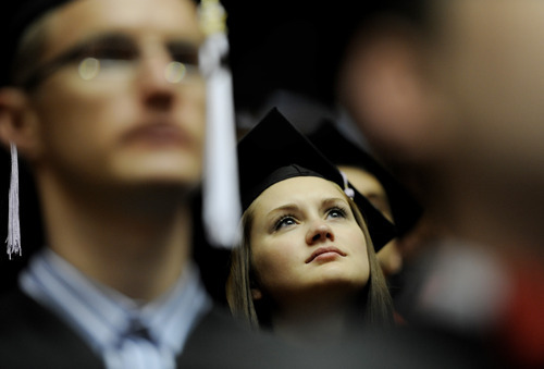 Sarah A. Miller  |  The Salt Lake Tribune

Architecture student Elizabeth Arnold, of Salt Lake City, watches the University of Utah commencement at the Huntsman Center on Friday, May 6, 2011, in Salt Lake City. Over 7,000 students received their degrees.
