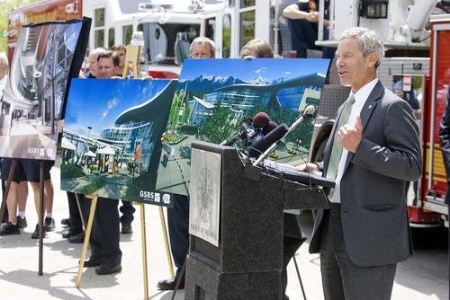 Paul Fraughton  |  The Salt Lake Tribune  Mayor Ralph Becker talks about the new public safety building at a press conference in front of the city and county building where renderings of the new building were unveiled., Friday  May 6, 2011