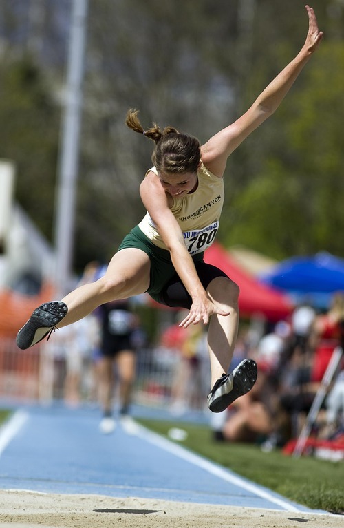 Djamila Grossman  |  The Salt Lake Tribune

Lexie Esplin of Snow Canyon High School competes in the long jump at the BYU Track and Field Invitational at Brigham Young University in Provo, Utah, on Saturday, May 7, 2011.