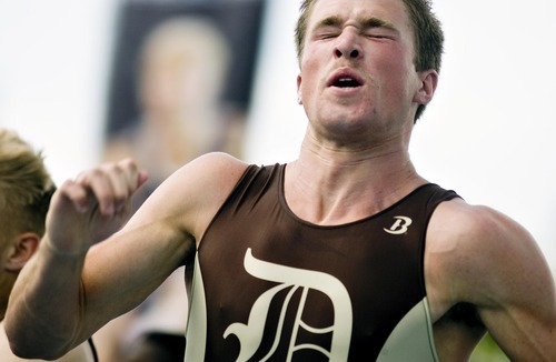 Djamila Grossman  |  The Salt Lake Tribune

Landon Hart of Davis High School competes in the 400 m relay at the BYU Track and Field Invitational at Brigham Young University in Provo, Utah, on Saturday, May 7, 2011.