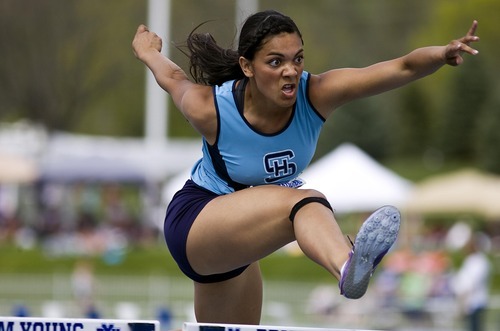 Djamila Grossman  |  The Salt Lake Tribune

Salem High School's Siale Vaitohi competes in the 100 m hurdles at the BYU Track and Field Invitational at Brigham Young University in Provo, Utah, on Saturday, May 7, 2011.