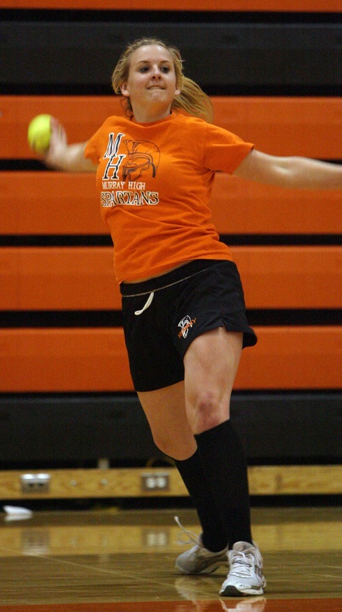 Steve Griffin  |  The Salt Lake Tribune
Murray High School's Braylee Butcher warms up in the gym during softball practice at Murray High School.