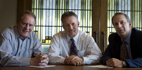 Steve Griffin  |  The Salt Lake Tribune
Utah Jazz general manager Kevin O'Connor, Utah Jazz CEO Greg Miller and Utah Jazz president Randy Rigby on April 6.