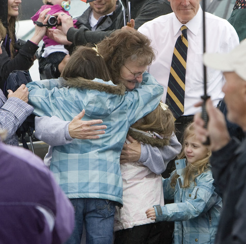 Steve Griffin  |  The Salt Lake Tribune

Debra Brown is greeted by family and friends after being released from the Utah State Prison in Draper on Monday, May 9, 2011 after serving 17 years for a murder she was recently found factually innocent of committing.