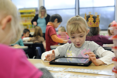 Sarah A. Miller  |  The Salt Lake Tribune
Viewmont Elementary School kindergarten teacher Jennifer Lightfoot received a grant from the State Office of Education to purchase 27 iPads with educational apps for students.