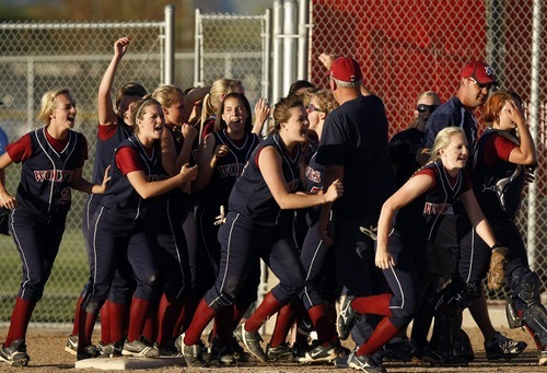 Photo by Chris Detrick | The Salt Lake Tribune 
North Sevier celebrates their victory after the game in Spanish Fork Thursday May 12, 2011.