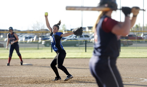 Photo by Chris Detrick | The Salt Lake Tribune 
Gunnison's Lizzy Palmer (27) pitches against North Sevier's Clara Bills (2) during the game in Spanish Fork Thursday May 12, 2011.