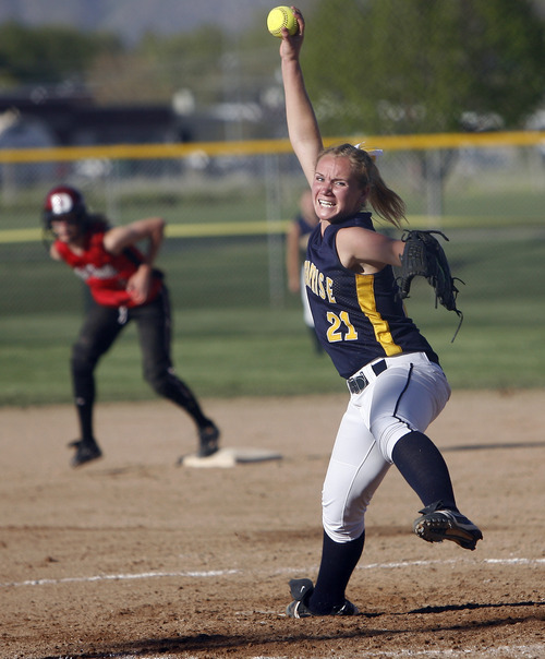 Photo by Chris Detrick | The Salt Lake Tribune 
Enterprise's Kelsey Lee (21) pitches during the game in Spanish Fork Thursday May 12, 2011.