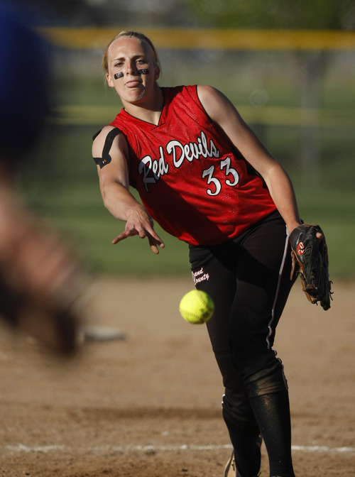 Photo by Chris Detrick | The Salt Lake Tribune 
Grand's Shelby Dalton pitches during the game in Spanish Fork Thursday May 12, 2011.