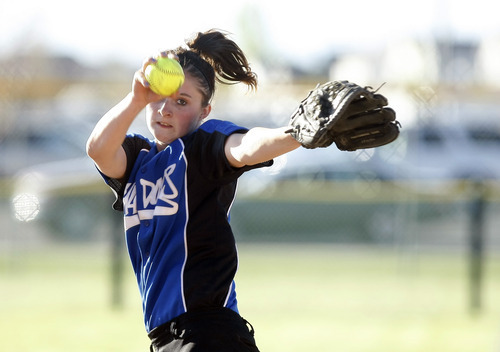 Photo by Chris Detrick | The Salt Lake Tribune 
Gunnison's Lizzy Palmer (27) pitches during the game in Spanish Fork Thursday May 12, 2011.