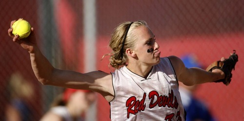 Trent Nelson  |  The Salt Lake Tribune
Grand County pitcher Shelby Dalton in action as San Juan defeats Grand County High School 3-1 in 2A girls softball, in Spanish Fork, Utah, Friday, May 13, 2011.