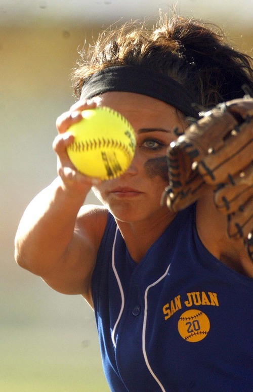 Trent Nelson  |  The Salt Lake Tribune
San Juan pitcher Abby Bayles in action as San Juan defeats Grand County High School 3-1 in 2A girls softball, in Spanish Fork, Utah, Friday, May 13, 2011.