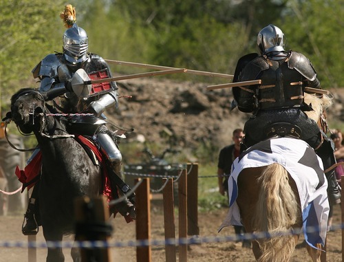 Leah Hogsten  |  The Salt Lake Tribune
Knights of Mayhem jousting captain Charlie Andrews, aka Prince Kyllem, is the reigning world champion of the full-contact sport. He competed against Squire Joe at the Utah Renaissance Festival and Fantasy Faire on Friday.