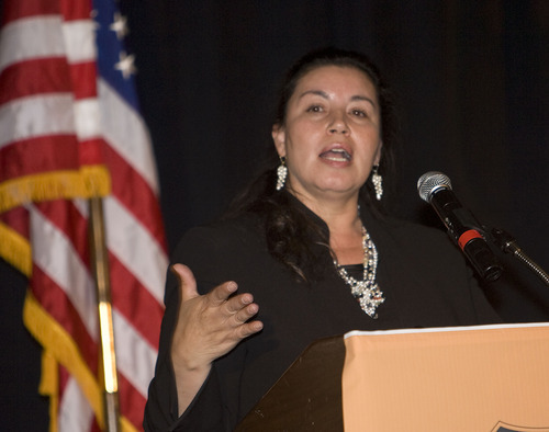 Al Hartmann  |  The Salt Lake Tribune
Anna Escobedo Cabral, former U.S. treasurer and currently unit chief for stakeholder communications in the external relations division of the Inter-American Development Bank, speaks at the Utah Hispanic Chamber of Commerce 5th Annual Convention and Expo on Friday.