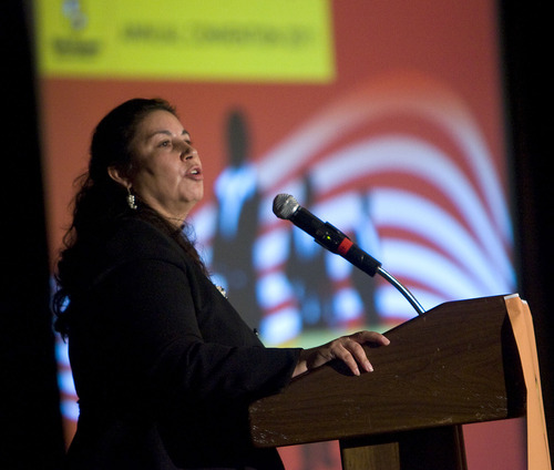 Al Hartmann  |  The Salt Lake Tribune
Anna Escobedo Cabral, former U.S. treasurer and currently unit chief for stakeholder communications in the external relations division of the Inter-American Development Bank, speaks at the Utah Hispanic Chamber of Commerce 5th Annual Convention and Expo on Friday.